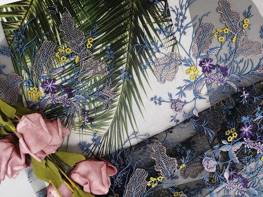 Polyester Tím Tulle Vải lưới thêu hoa của sân