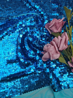 51'' Bright Blue Shell Shape Sequin Embroidery Mesh Fabric For Party