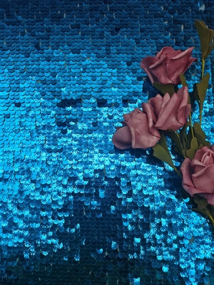 51'' Bright Blue Shell Shape Sequin Embroidery Mesh Fabric For Party