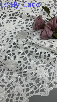 Crochet Lace Fabric White Sequin Embroidered Lace Fabric Leafy Luxury Occasion Wedding Fabric
