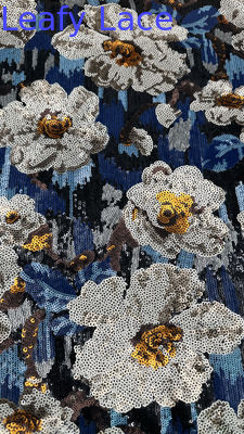 Floral Sequin Embroidered Lace Fabric Leafy 100% Polyester Customized New Collections