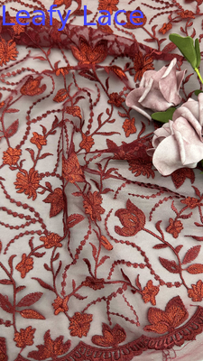 Red Embroidered Lace Fabric Leafy Mesh Ground for Party Dresses Clothing