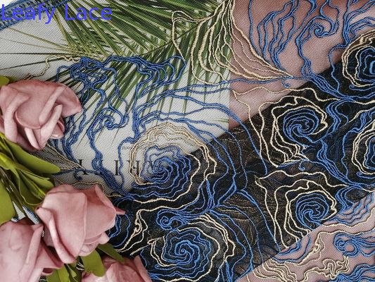 Polyester Blue Floral Embroidered Lace Fabric For Garment Brands