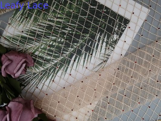 Khaki Diamond Shape Red Beaded Embroidery Fabric For Evening Dress