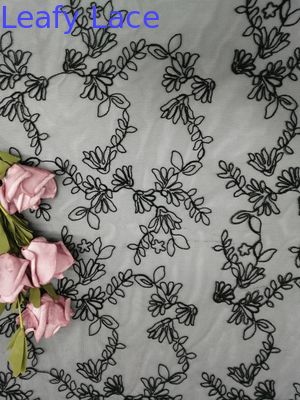 Black Flower Corded Embroidery All Over Lace Fabric Silver Tulle Mesh