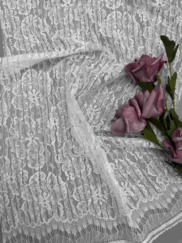 55 Inch White Floral Lace Fabric In Nylon Cotton Rayon Composition With Scallop Eyelash