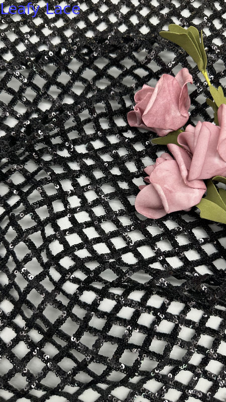 100% Polyester All Sequin Black Sequin Embrroidered Fabric Plaid For AW Season For Gowns