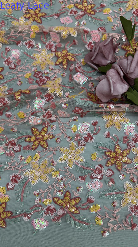 3D Flower Lace Fabric Mesh Lace For Gowns 100% Polyester Colorful Sequin Embroidered Fabric