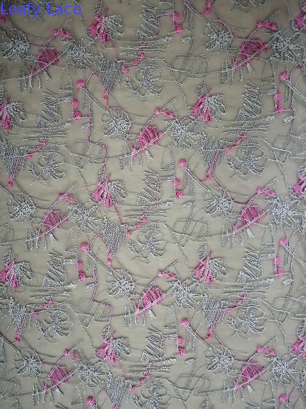 Pink African Floral Tulle Mesh Colored Embroidery Fabric