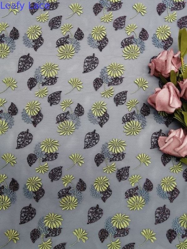 125CM 3D Floral Lace Fabric Colored Voile Embroidery Metalic Tulle