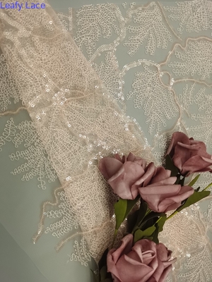 Lá thêu ren màu hồng Sequin Vải ren Chất liệu vải tuyn Sợi thêu Poly