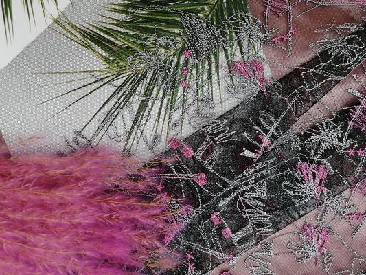 Vải thêu màu hồng Phi Hoa Tulle Lưới