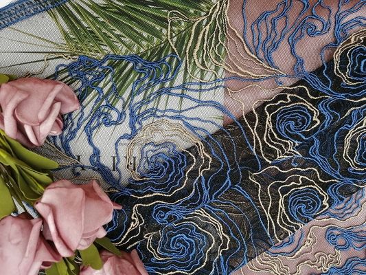 Vải ren thêu hoa màu xanh Polyester cho thương hiệu may mặc