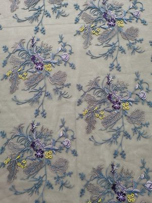 Polyester Tím Tulle Vải lưới thêu hoa của sân