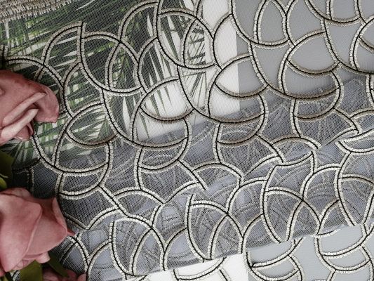 Vải ren thêu hình học màu xám Allover Cutwork