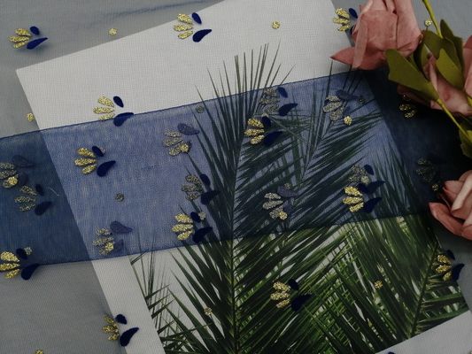 Royal Blue Metallic Flocked Ren Glitter Vải tuyn Lưới in lá