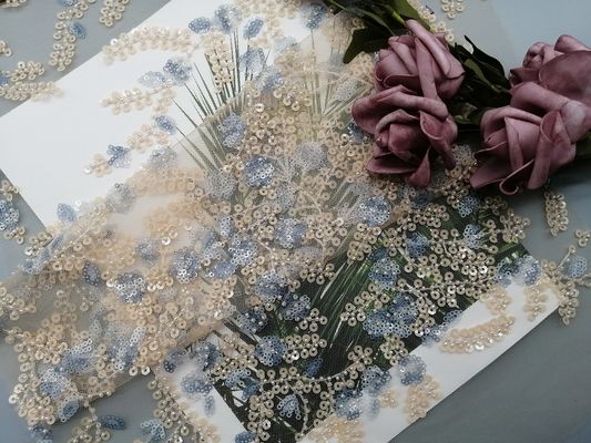 60 Yards 125 cm Hồng Sequin Vải ren đính cườm cho cô dâu