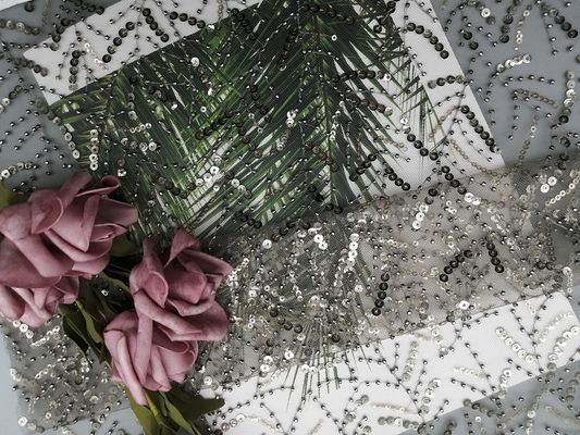 Bên vải ren thêu ren màu xám cho váy cưới