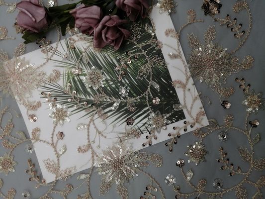 Vải thêu đính cườm cho tiệc cưới màu hồng hoa