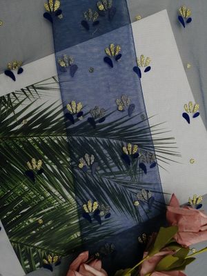 Royal Blue Metallic Flocked Ren Glitter Vải tuyn Lưới in lá