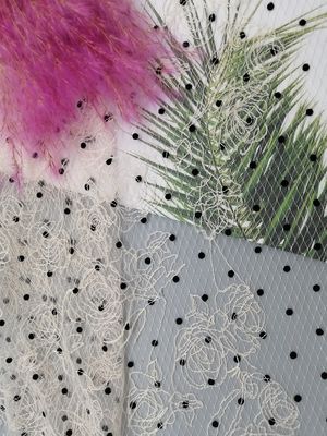 Vải ren lưới thêu ren màu hồng Polka Dot Flocked
