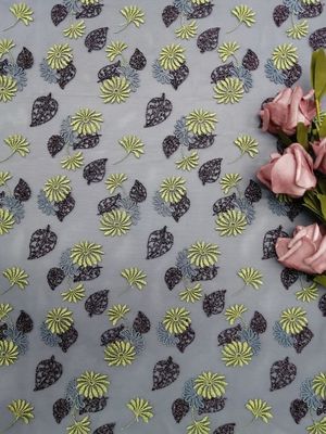 125 CM 3D Floral Ren Vải Màu Voile Thêu Metalic Tulle