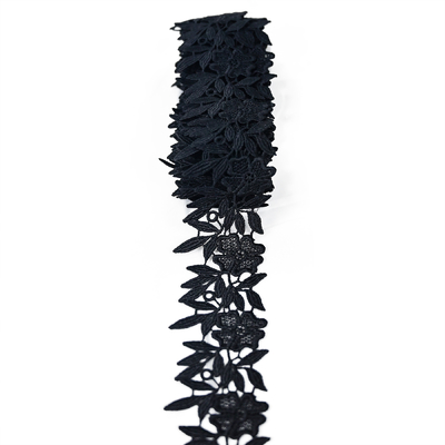 2.3 "Màu đen Polyester Ren Trim Có viền Ruy băng Móc thêu cho quần áo