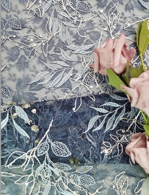 Vải tuyn màu xanh thêu ren hoa ren với sequins