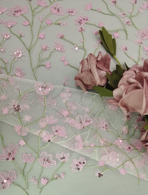 Vải ren hoa màu hồng OEM Thêu 3D Sequin Vải ren cho váy